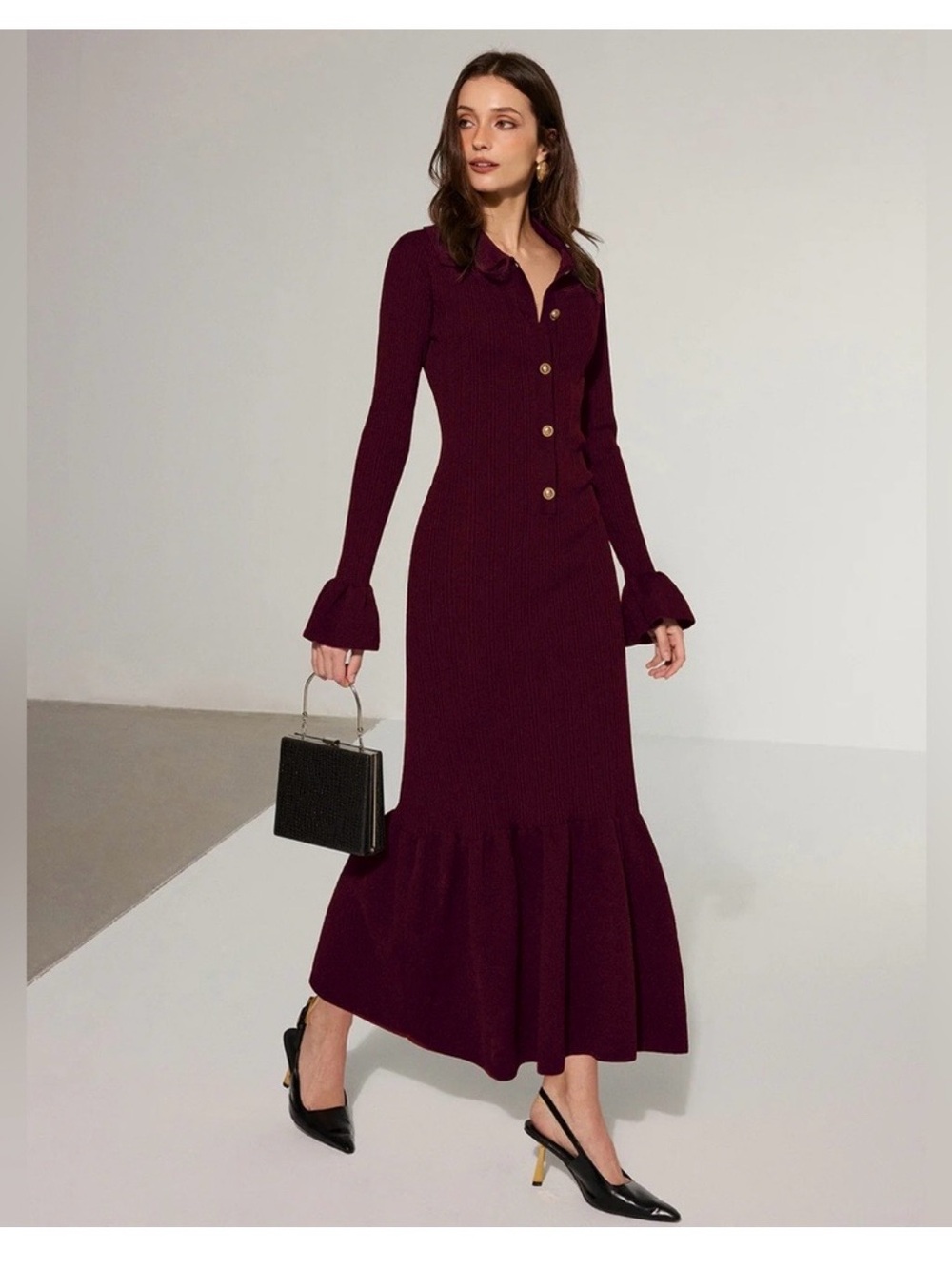 Long Sleeve Button-Front Maxi Dress in Deep Plum